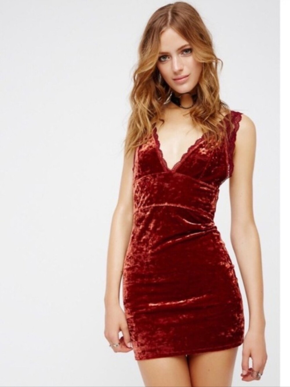 Free People Crushed Velvet V-Neck Bodycon Dress - Burgundy Size S